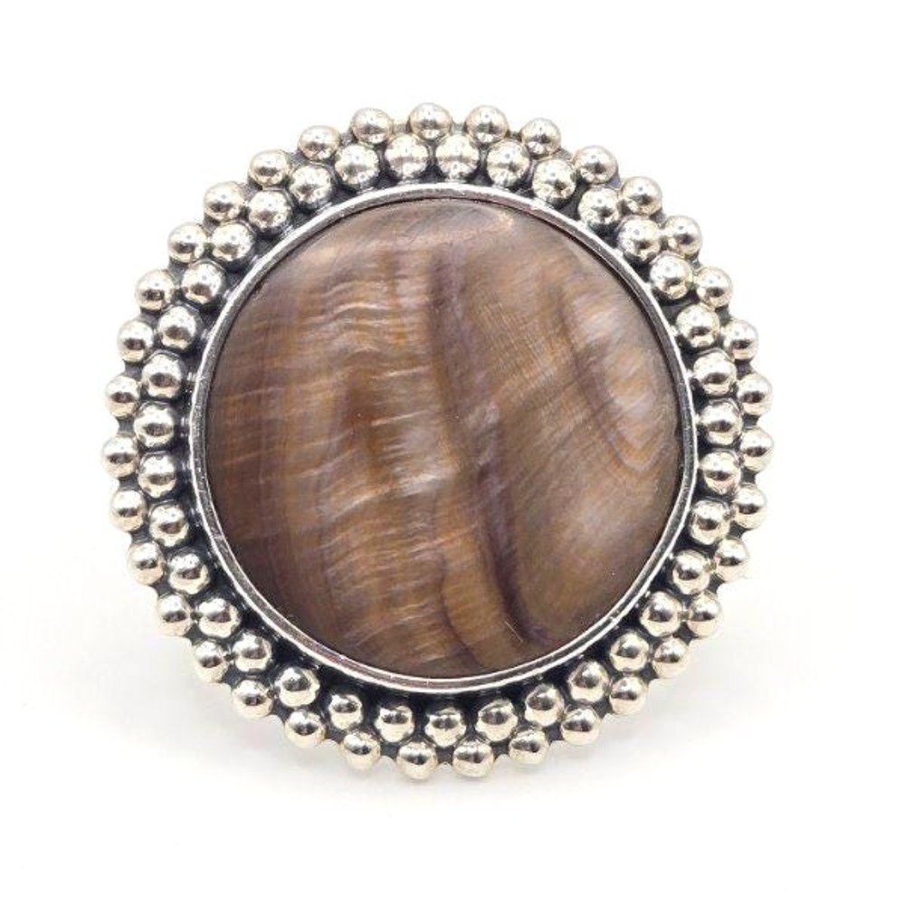 Sterling‎ Silver 925 Ring Brown Mother-of-Pearl Cabochon, Beaded Edge, Size 6.5